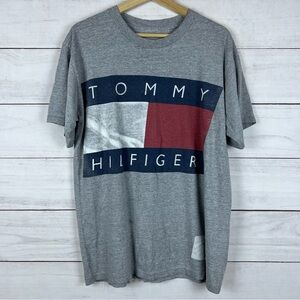 Vintage Tommy Hilfiger Mens XL Spell Out Flag Gray Graphic Tee USA 90s